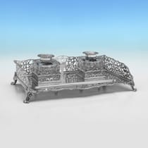 Antique Sterling Silver & Glass Inkstand - William Hutton & Sons, hallmarked in 1900 London - Victorian - Thumbnail 1