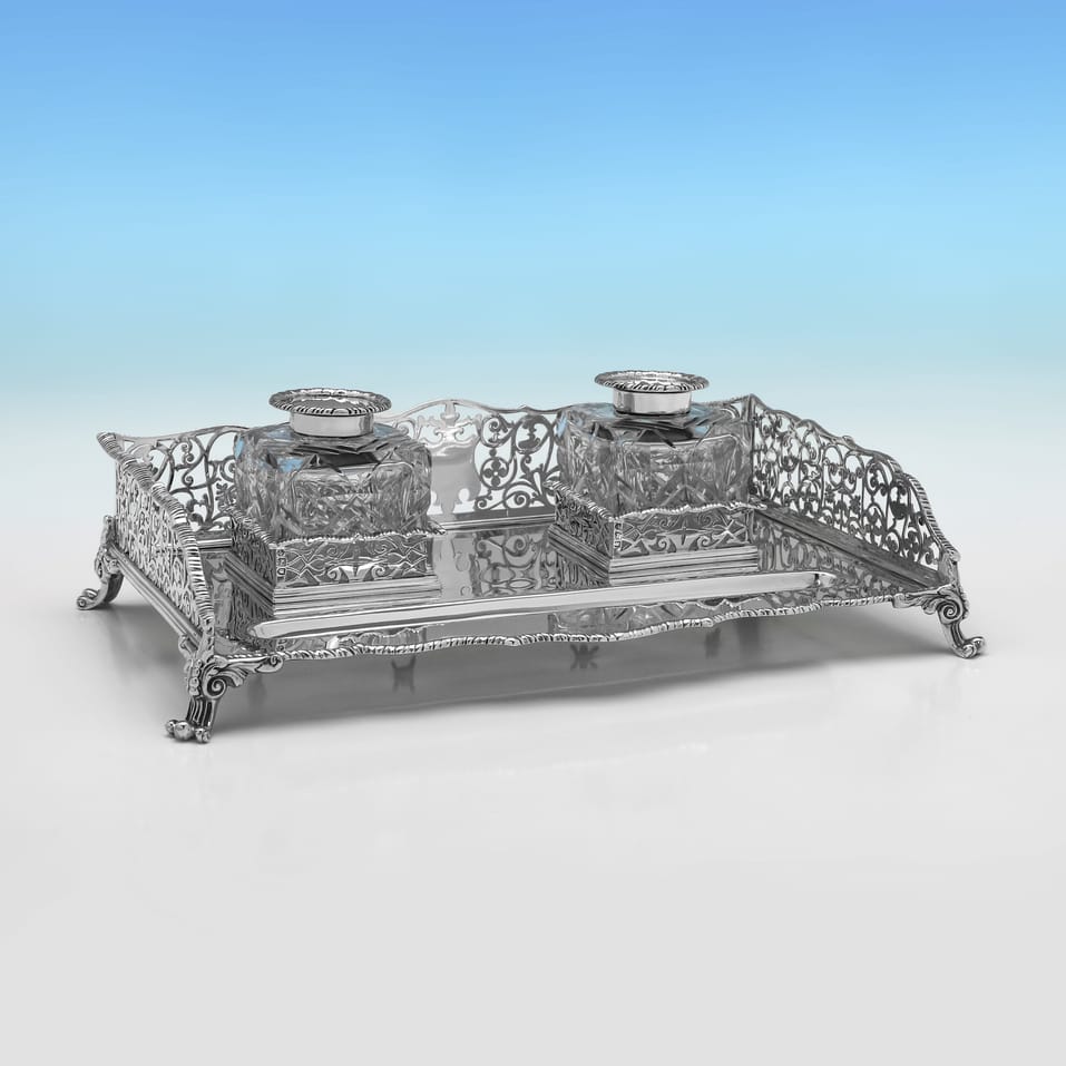 Antique Sterling Silver & Glass Inkstand - William Hutton & Sons, hallmarked in 1900 London - Victorian