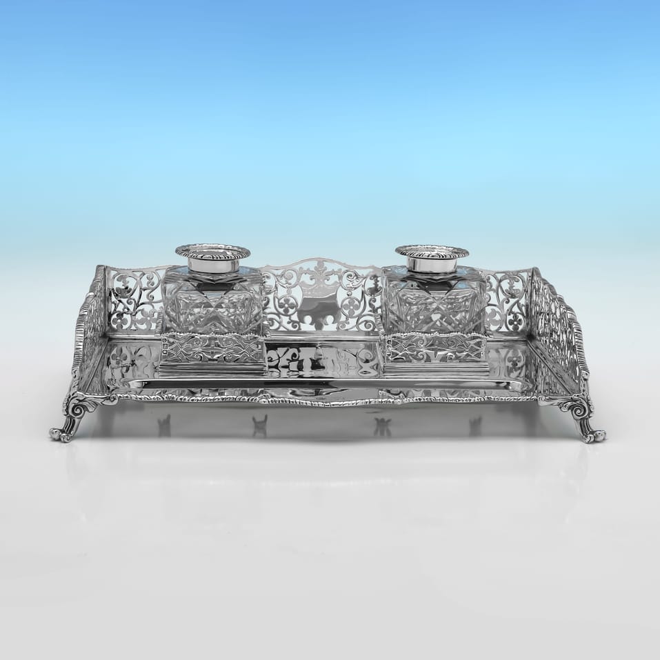 Antique Sterling Silver & Glass Inkstand - William Hutton & Sons, hallmarked in 1900 London - Victorian - Image 2