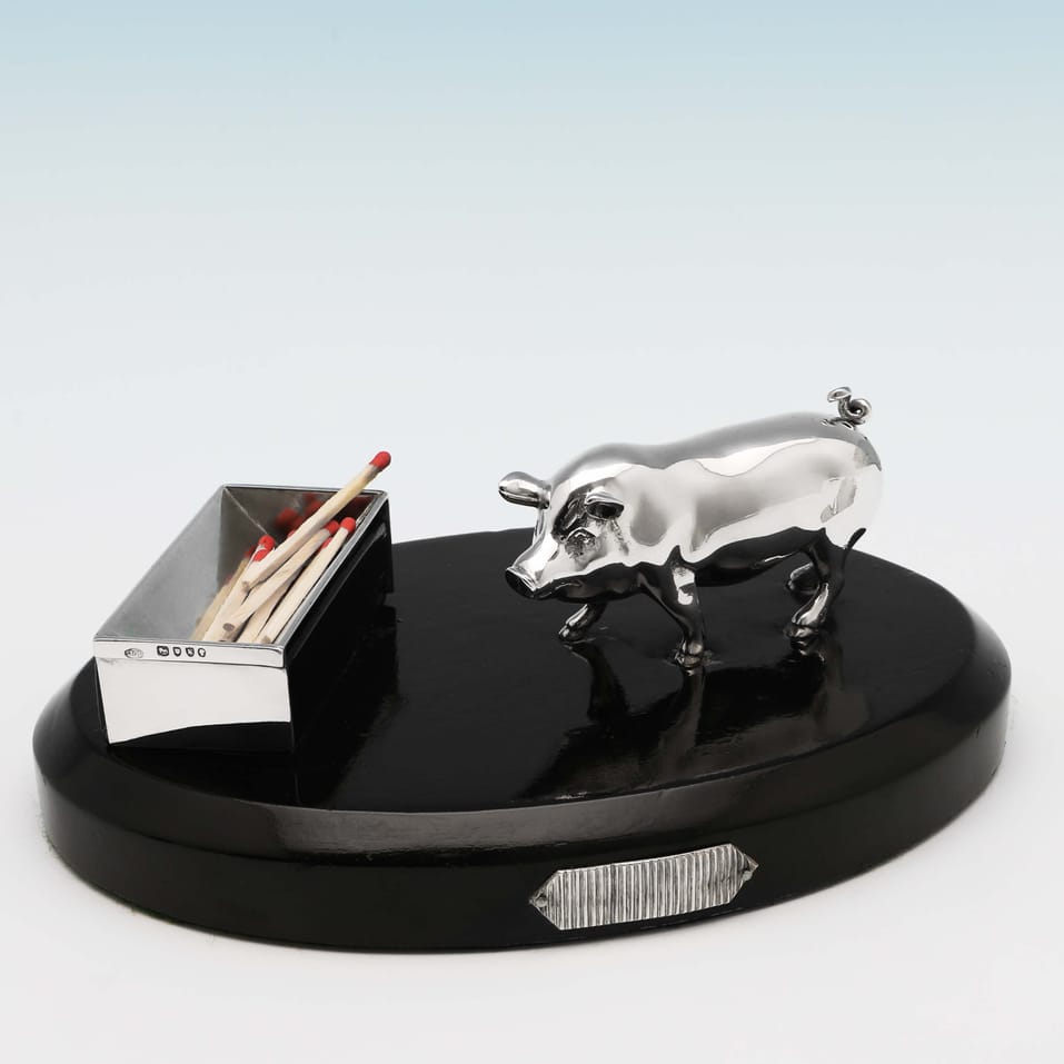 Antique Sterling Silver Pig and Trough Match Strike - Joseph Braham, hallmarked in 1885 London - Victorian