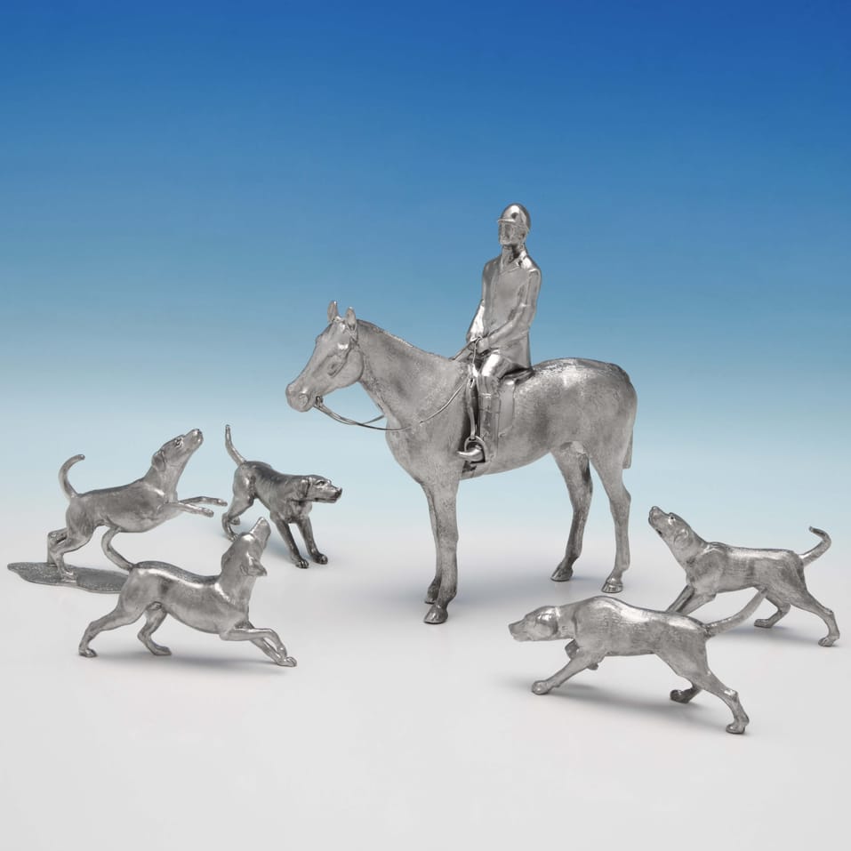 Sterling Silver Model of a Huntsman & Hounds - I. Franks, hallmarked in 2018 London - Elizabeth II