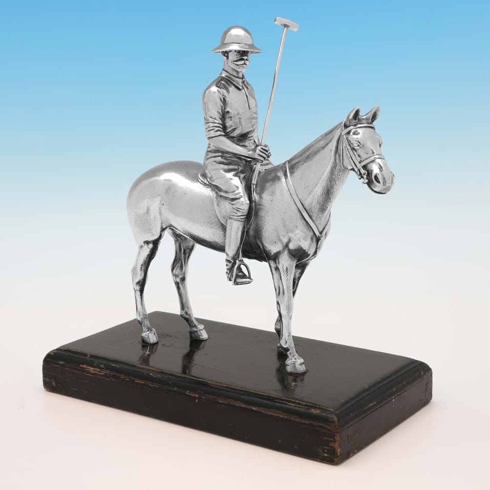 Antique Sterling Silver Polo Horse and Player Model - Mappin & Webb, hallmarked in 1908 London - Edwardian