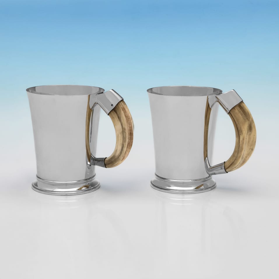 Sterling Silver & Boar Tusk Pair of Mugs - Goldsmiths & Silversmiths Co., hallmarked in 1937 London - George VI