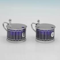 Antique Sterling Silver & Glass Pair of Mustard Pots - Elkington & Co., hallmarked in 1909 Birmingham - Edwardian - Thumbnail 1