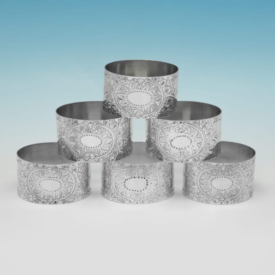 Antique Sterling Silver Set of 6 Napkin Rings - William Hutton, hallmarked in 1896 London - Victorian