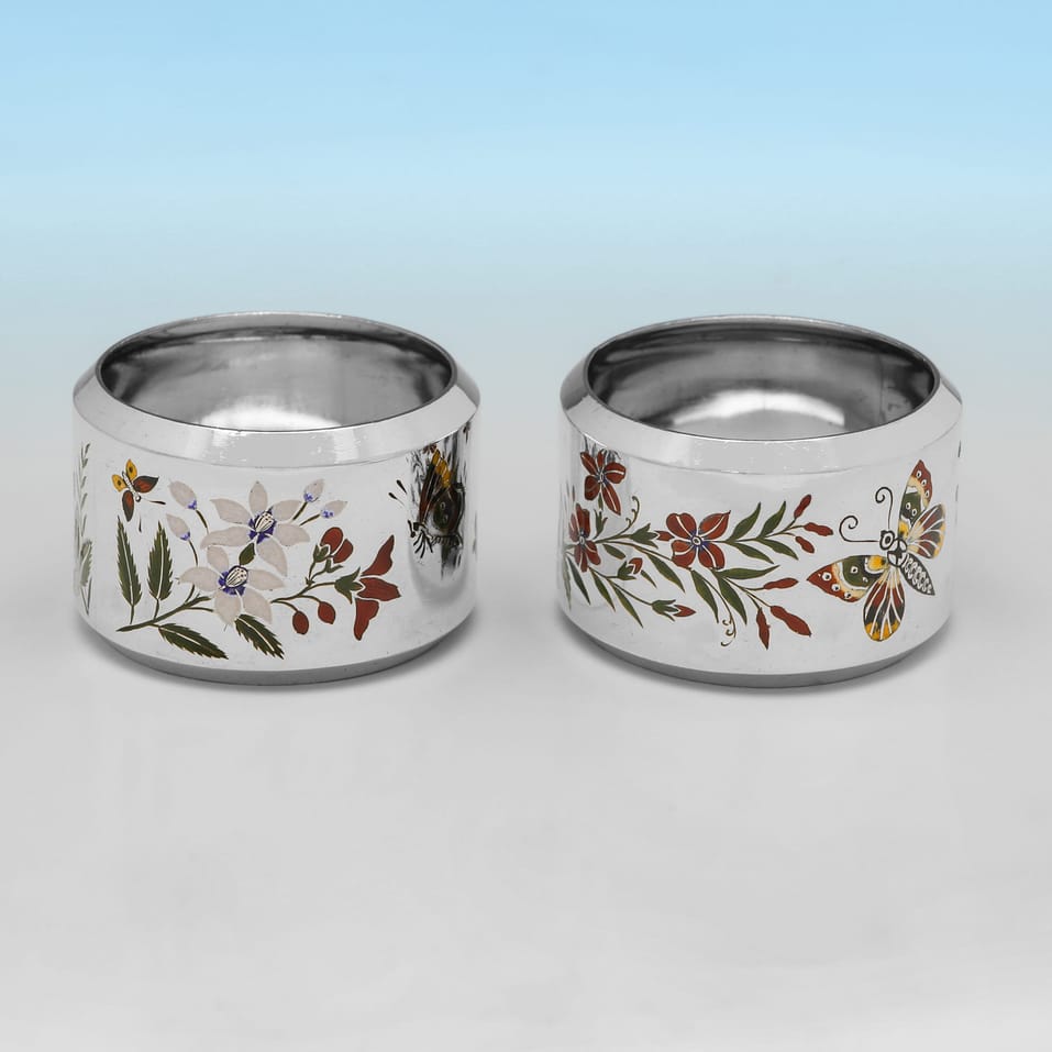 Antique Sterling Silver & Enamel Pair of Napkin Rings - Elkington & Co., hallmarked in 1880 Birmingham - Victorian - Image 2