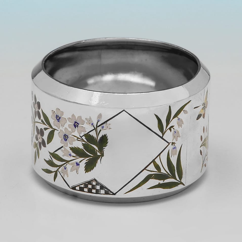 Antique Sterling Silver & Enamel Pair of Napkin Rings - Elkington & Co., hallmarked in 1880 Birmingham - Victorian - Image 5