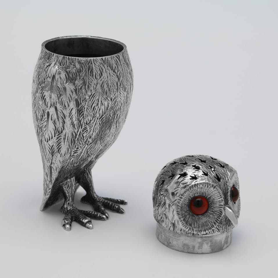 Antique Sterling Silver & Glass Owl Pepper Pots - George Fox, hallmarked in 1878 London - Victorian - Image 4