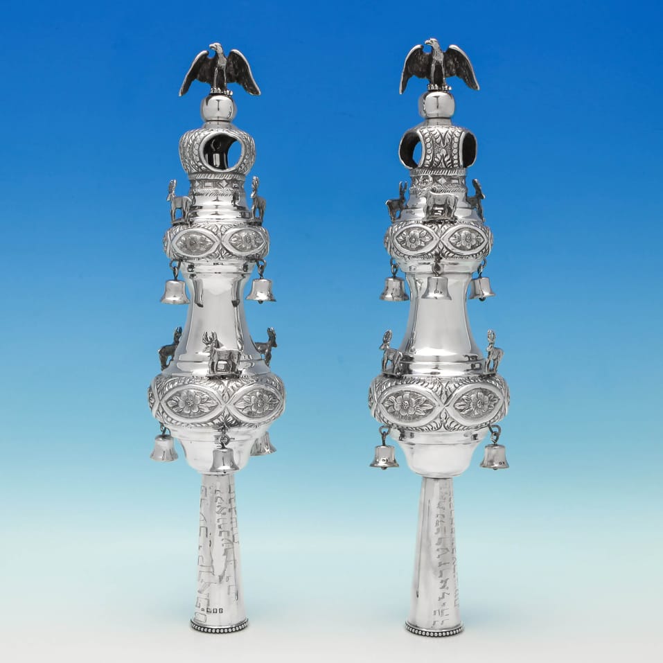 Antique Sterling Silver Pair of Rimonim - Morris Salkind, hallmarked in 1920 London - George V