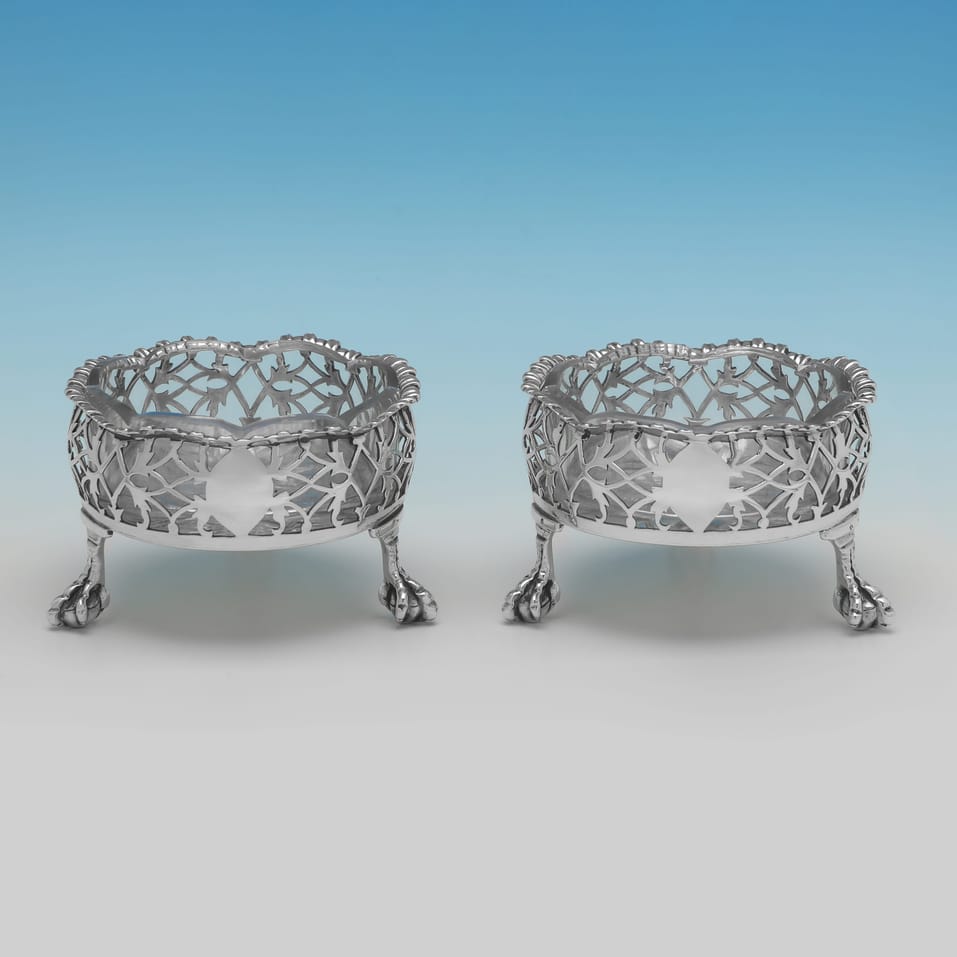 Antique Sterling Silver & Glass Pair of Pierced Salt Cellars - John Langford II & John Sebille, hallmarked in 1763 London - George III