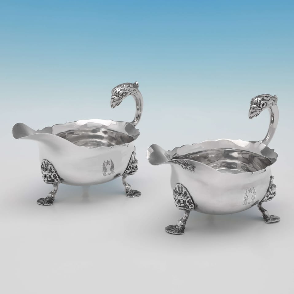 Antique Sterling Silver Pair of 'Eagle' Handle Sauce Boats - John Pollock, hallmarked in 1748 London - George II