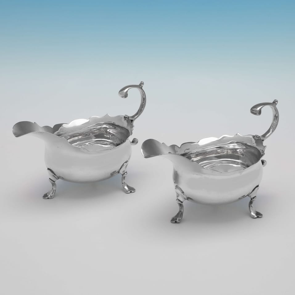 Antique Sterling Silver Pair Of Sauce Boats - David Mowden, hallmarked in 1751 London - George II