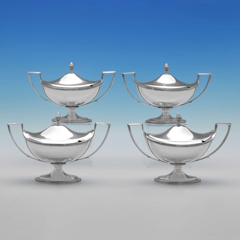 Antique Sterling Silver Set of 4 sauce tureens - John Emes, hallmarked in 1802 London - George III