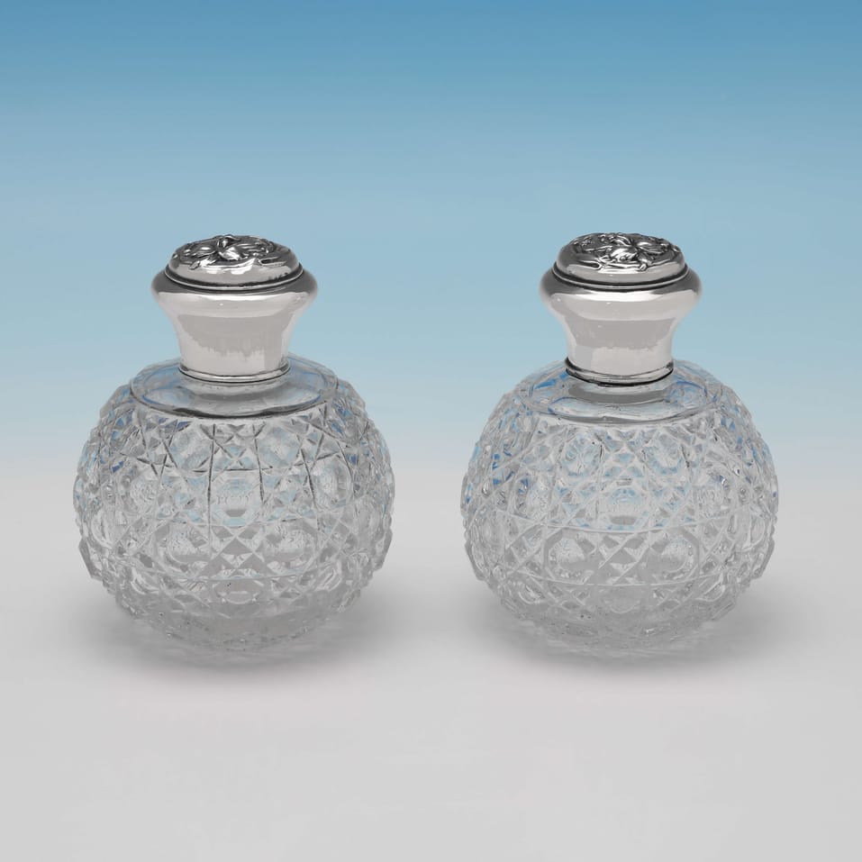 Antique Sterling Silver & Glass Pair Of Art Nouveau Scent Bottles - hallmarked in 1908 Birmingham - Edwardian