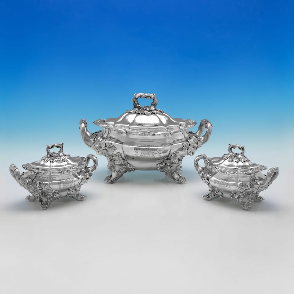 Antique Sterling Silver Soup Tureen and Pair of Sauce Tureens - William Ker Reid, hallmarked in 1829 London - George IV