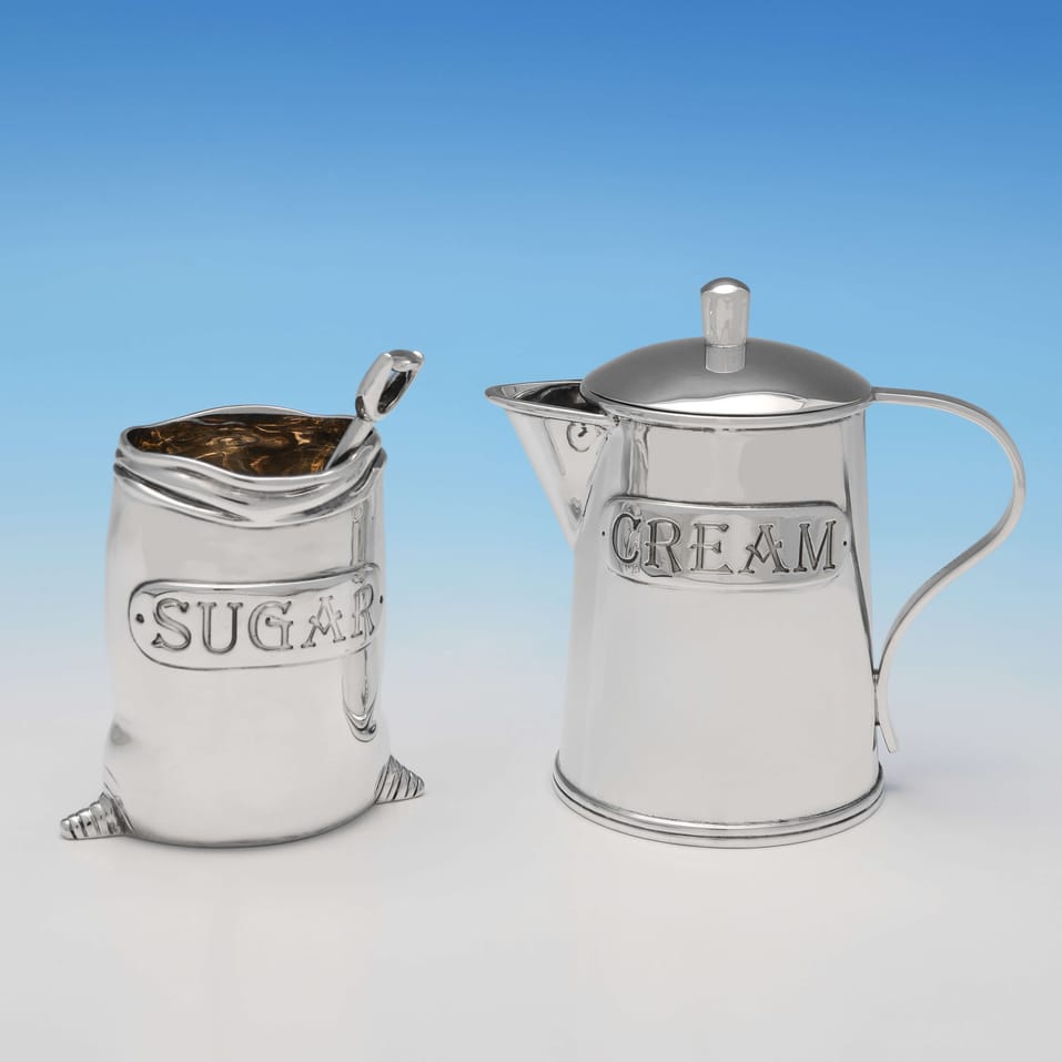 Sterling Silver Novelty Sugar & Cream Set - Thistle & Bee, hallmarked in 2000 Birmingham - Elizabeth II