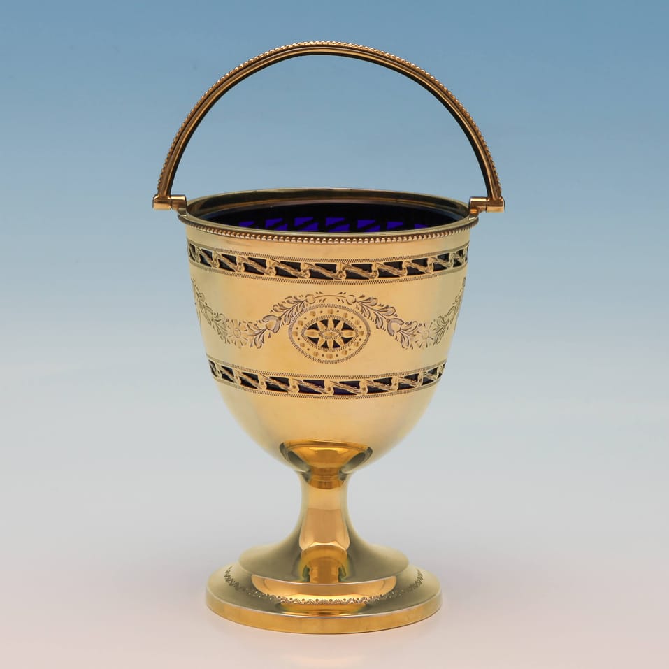 Antique Sterling Silver & Glass Gilt Sugar Basket - hallmarked in 1921 Sheffield - George V