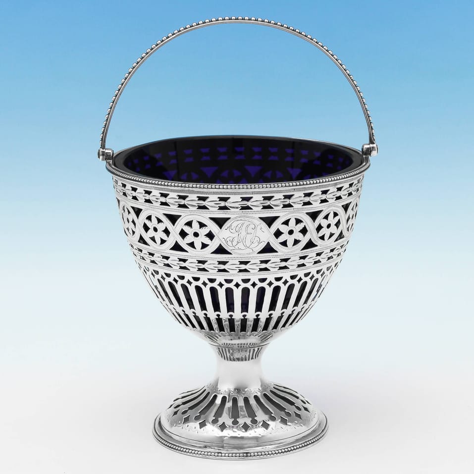 Antique Sterling Silver & Glass Sugar Basket - Robert Hennell I, hallmarked in 1781 London - George III