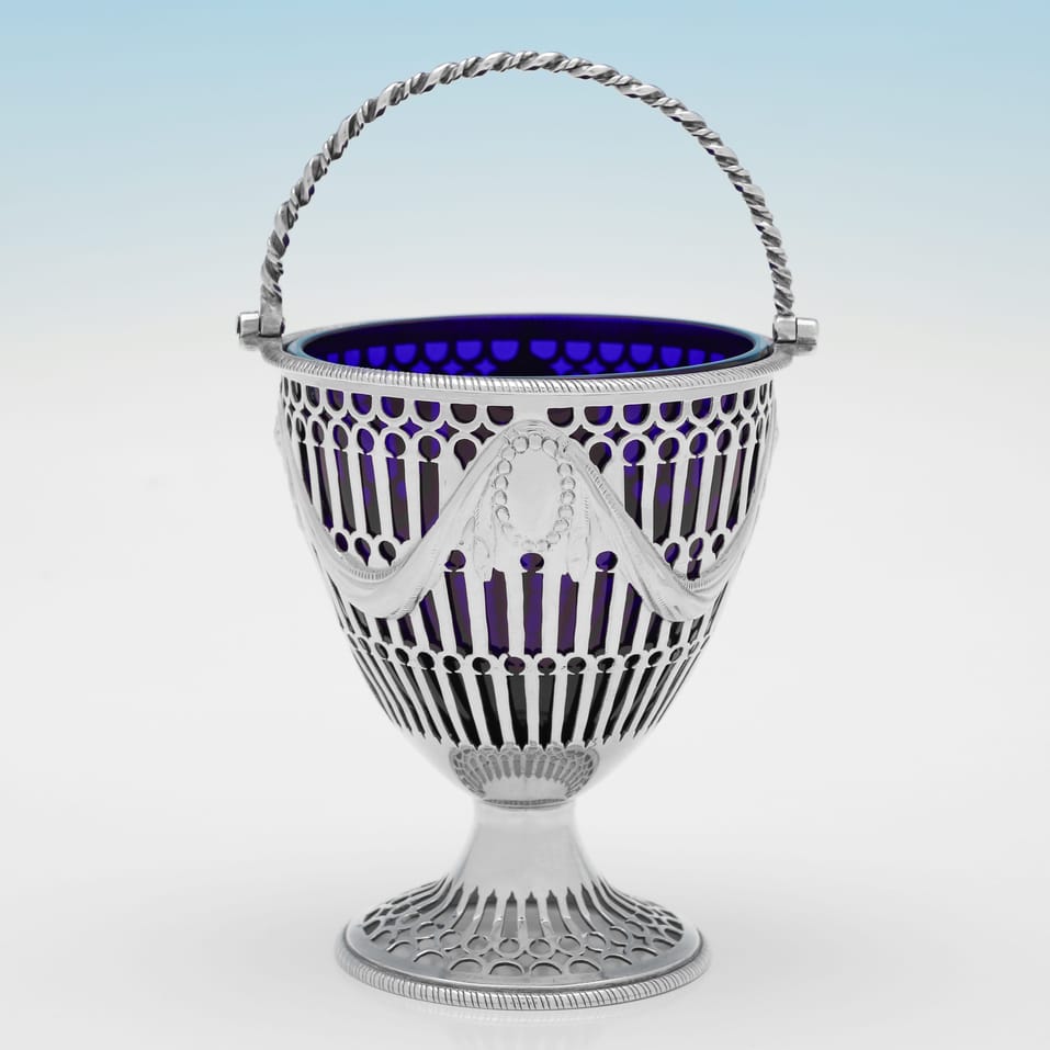 Antique Sterling Silver & Glass Sugar Basket - Burrage Davenport, hallmarked in 1777 London - George III