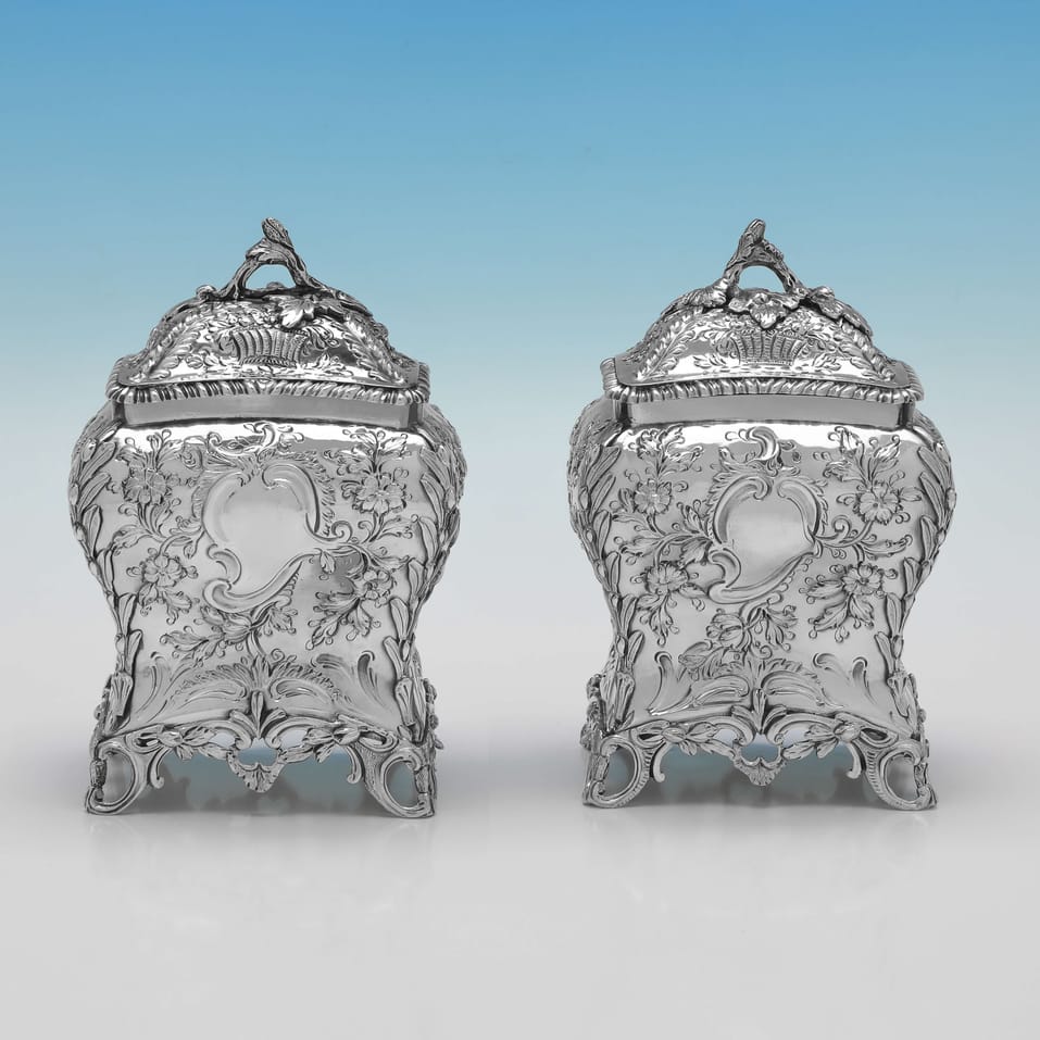 Antique Sterling Silver Pair of Tea Caddies - Henry Bailey, hallmarked in 1768 London - George III