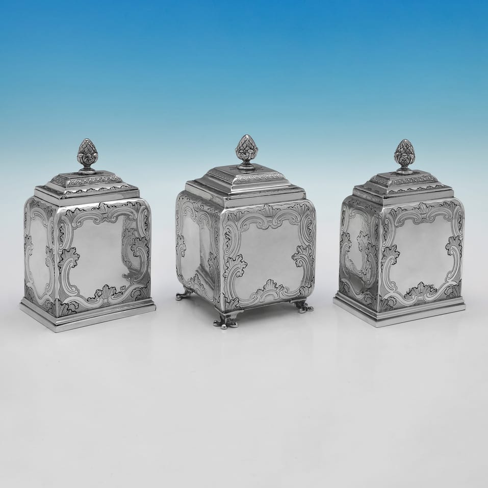 Antique Sterling Silver Suite of Tea & Sugar Caddies - John Pero, hallmarked in 1739 London - George II