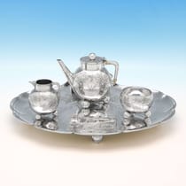 Antique Sterling Silver Aesthetic Period Batchelor Tea Set & Tray - Elkington & Co., hallmarked in 1878 London - Victorian - Thumbnail 1