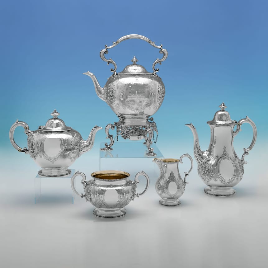 Antique Sterling Silver 5 Piece Tea Set - Barnards & Edward & John Barnard, hallmarked in 1862 London - Victorian