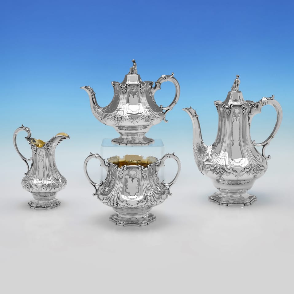 Antique Sterling Silver 4 Piece Tea Set - Barnards & Edward Barnard & Sons, hallmarked in 1846 London - Victorian