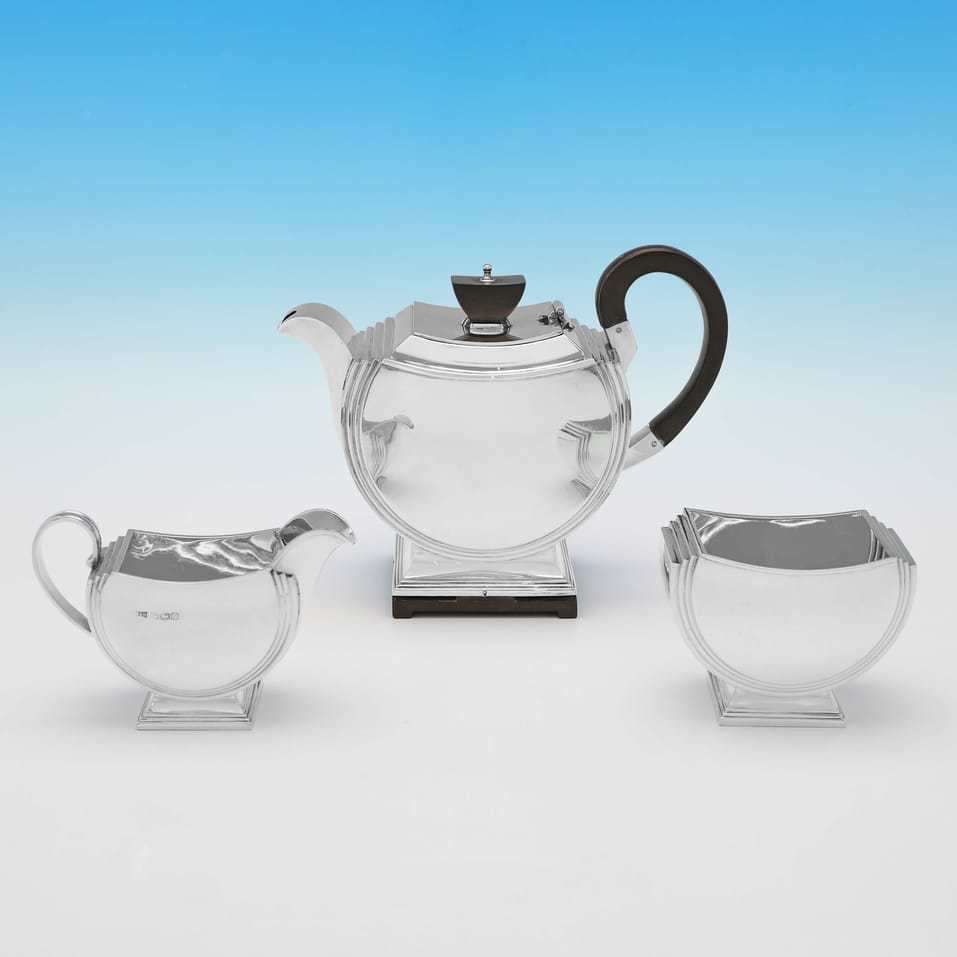 Sterling Silver Art Deco Design 3 Piece Tea Set - Walker & Hall, hallmarked in 1947 London - George VI