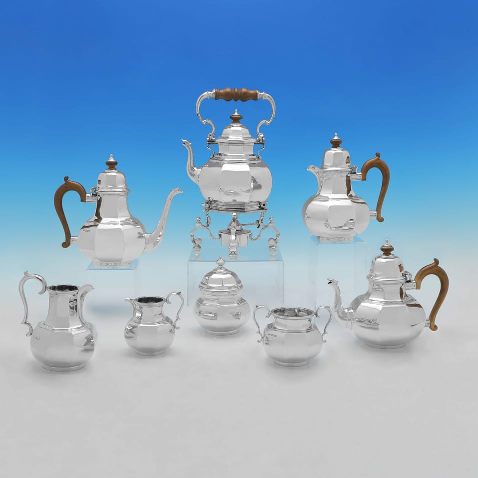 Sterling Silver 8 Piece Octagonal Tea Set - Catchpole & Williams, hallmarked in 1928 London - George V