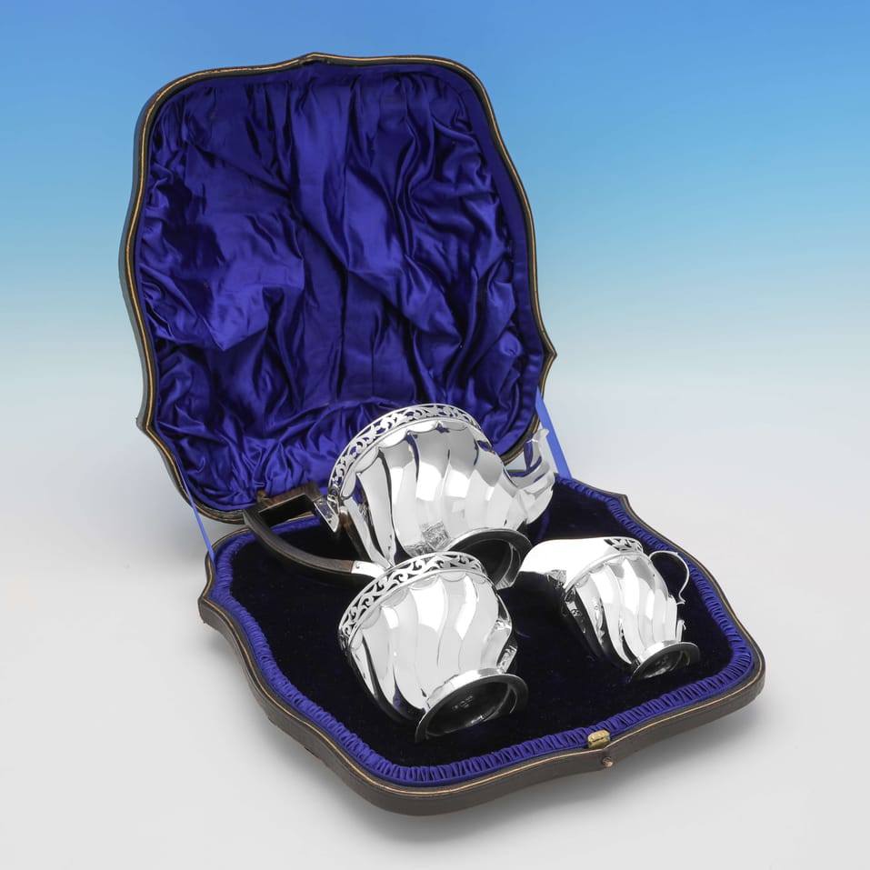 Antique Sterling Silver 3 piece tea set in a box - Wakely & Wheeler, hallmarked in 1902 London - Edwardian