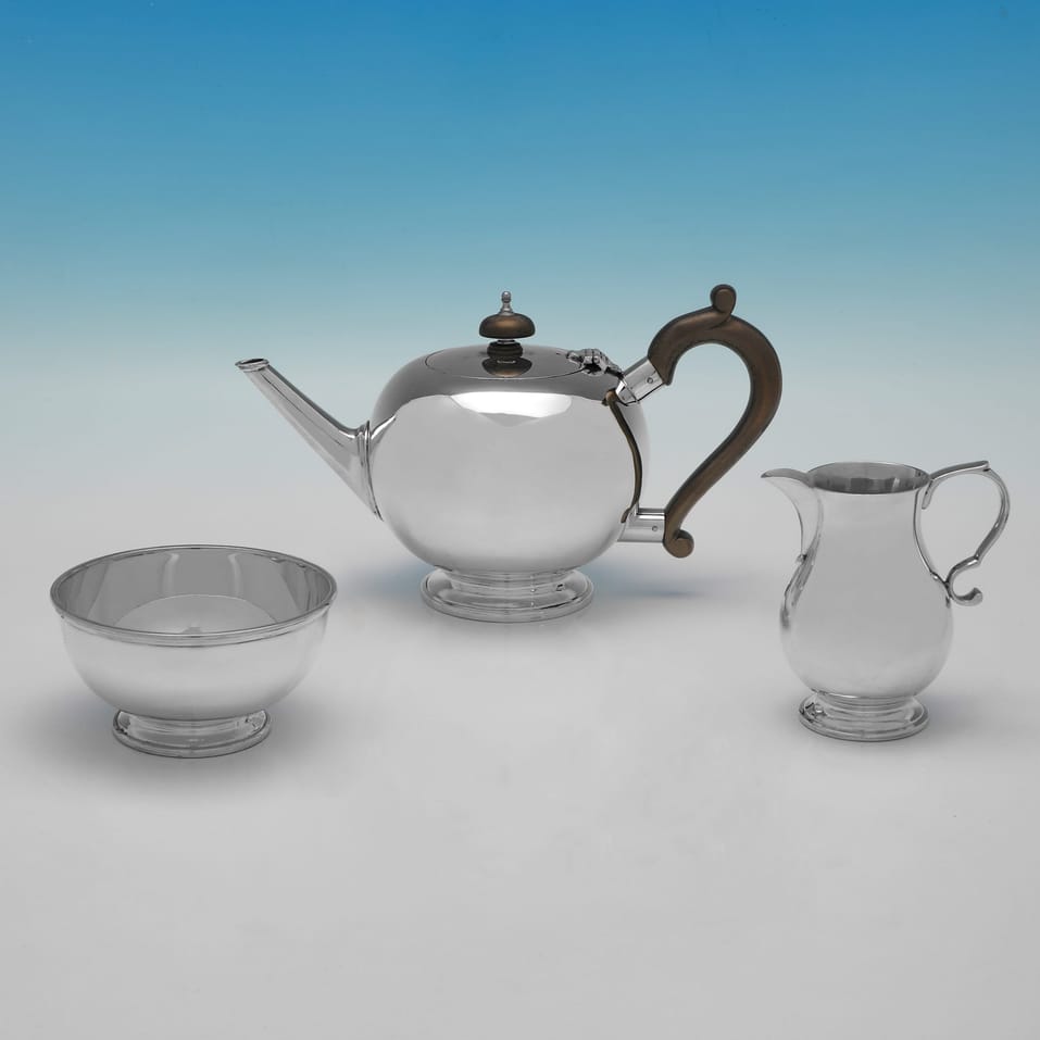 Sterling Silver 3 Piece Tea Set - Wakely & Wheeler, hallmarked in 1938 London - George VI