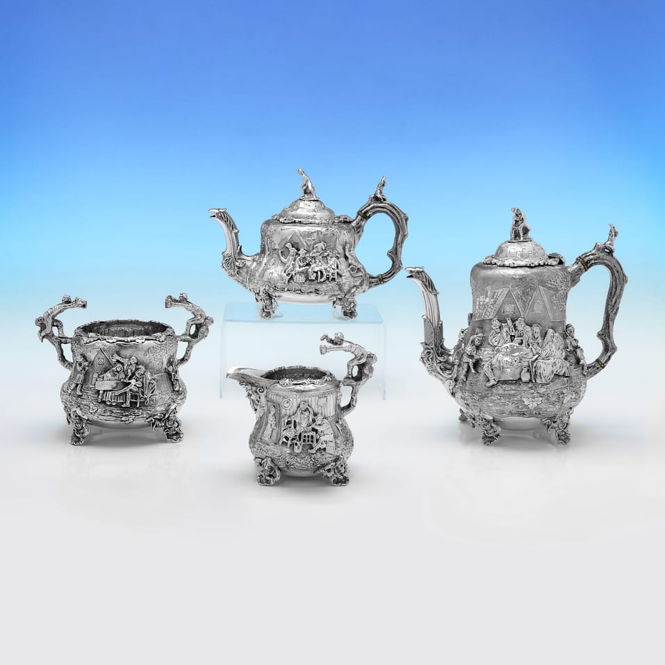 Antique Sterling Silver Teniers Tea Set - Daniel & Charles Houle, hallmarked in 1880 London - Victorian