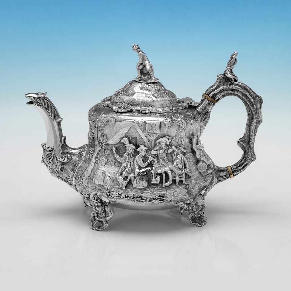 Antique Sterling Silver Teniers Tea Set - Daniel & Charles Houle, hallmarked in 1880 London - Victorian - Image 6