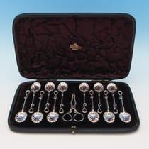 Antique Sterling Silver Set of Tea Spoons & Sugar Tongs - Francis Higgins, hallmarked in 1884 London - Victorian - Thumbnail 1