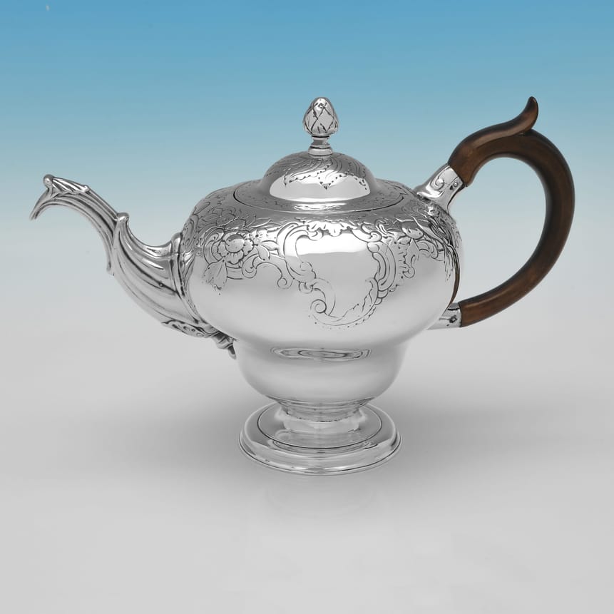 Antique Sterling Silver & Wood Scottish Teapot - Lothian & Robertson, hallmarked in 1759 Edinburgh - George II