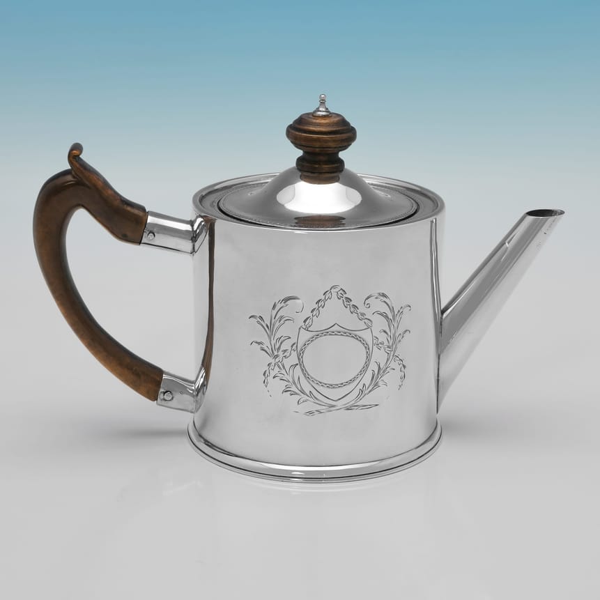 Antique Sterling Silver & Wood 'Drum' Teapot - Walter Brind, hallmarked in 1773 London - George III