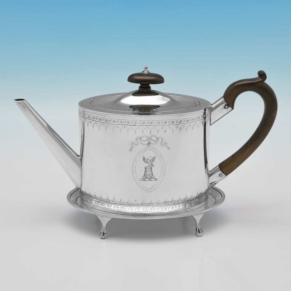 Antique Sterling Silver Teapot on stand - John Denziloe, hallmarked in 1787 London - George III