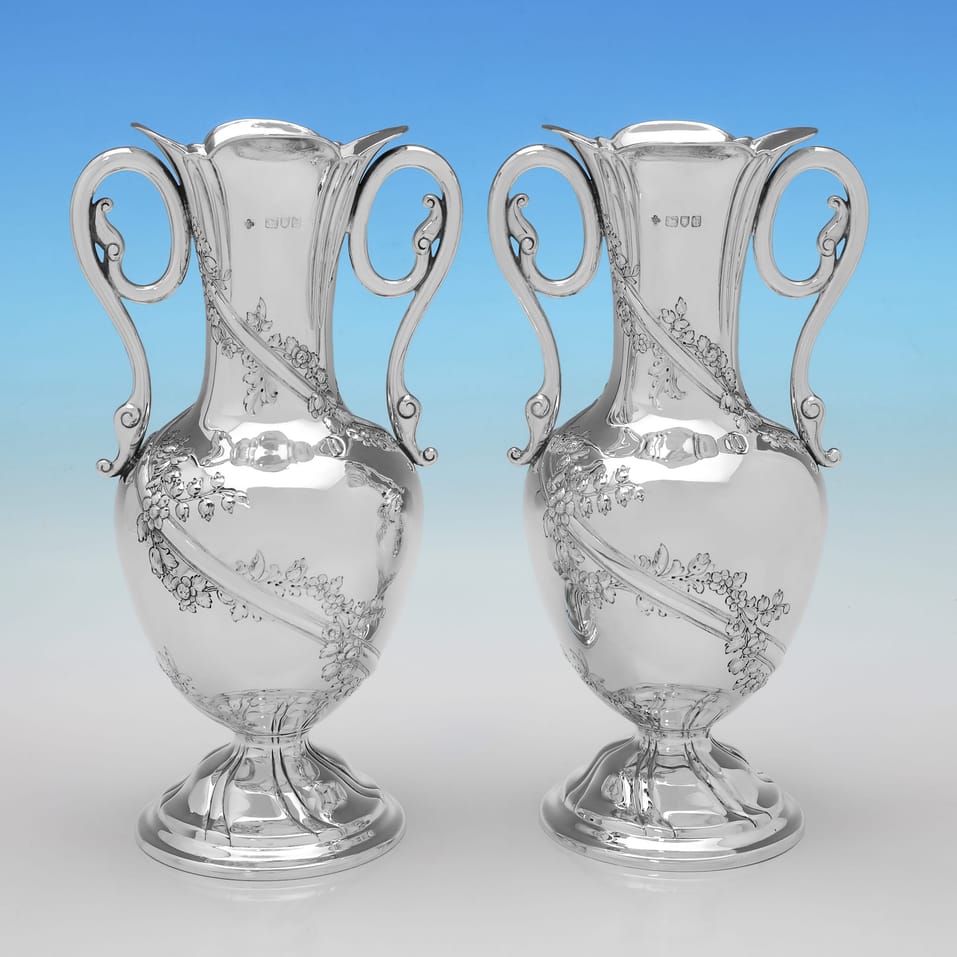 Antique Sterling Silver Pair of Vases - William Hutton & Sons, hallmarked in 1903 London - Edwardian