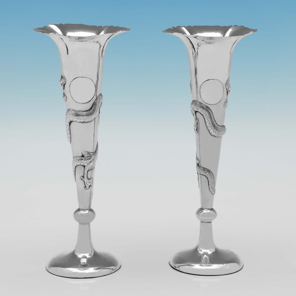 Antique Foreign Silver Pair of Chinese Export Vases - Wang Hing, made circa 1900 - Victorian