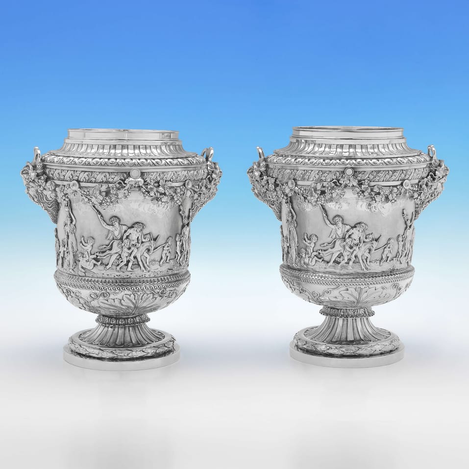 Antique Sterling Silver Pair of Campagna Shaped Wine Coolers - Joseph Preedy, hallmarked in 1804 London - George III